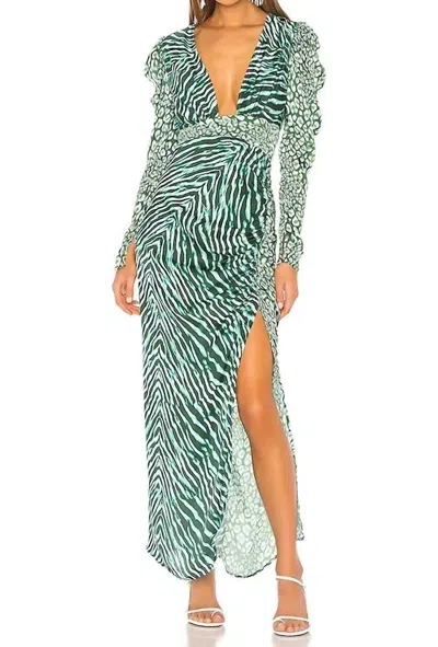 Rococo Sand Animal Print Satin Irene Puff Sleeve Sheath Dress In Green/black