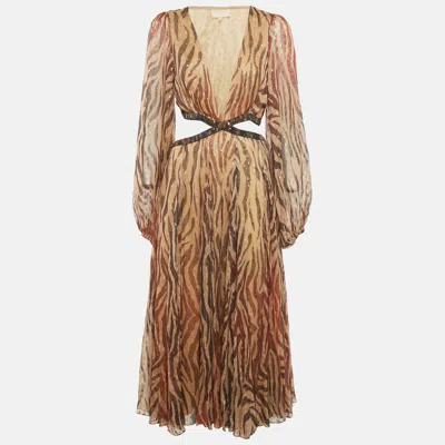 Pre-owned Rococo Sand Brown Animal Print Crepe Brocade Cut-out Midi Dress M