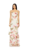 Rococo Sand Cowl High Low Maxi Dress In Cream,pink