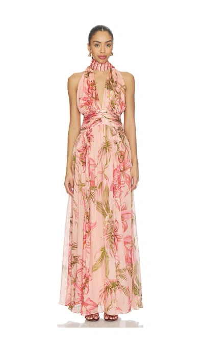 Rococo Sand Ruched Sash Maxi Dress In Multi