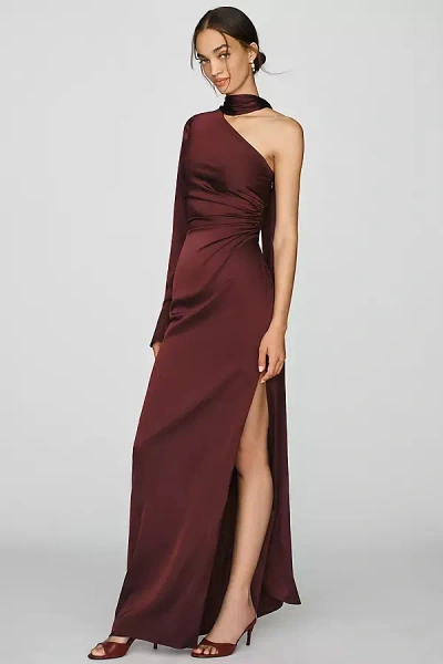 Rococo Sand Satin One-sleeve Maxi Dress In Burgundy