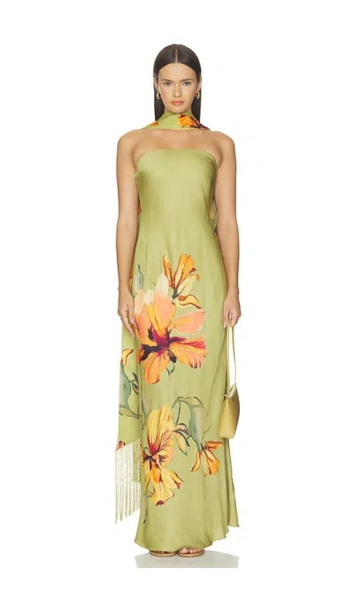 Rococo Sand Strapless Maxi Dress With Fringe Sash In Green