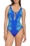 Bleu Rod Beattie Rod Beattie Desert Bloom Lace Down One-piece Swimsuit In Bleu Multi