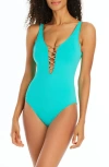 Bleu Rod Beattie Rod Beattie Kore Lace Down Mio One-piece Swimsuit In Belize/rose Gold