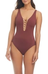 Bleu Rod Beattie Rod Beattie Kore Lace Down Mio One-piece Swimsuit In Chipotle/rose Gold