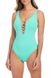 Bleu Rod Beattie Rod Beattie Kore Lace Down Mio One-piece Swimsuit In Tahiti Teal/rose Gold