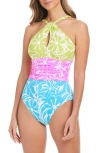 Bleu Rod Beattie Rod Beattie Sock It To Me High Neck One-piece Swimsuit In Blue Multi