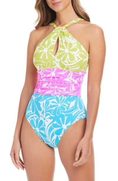 Rod Beattie Sock It To Me High Neck One-piece Swimsuit In Blue Multi