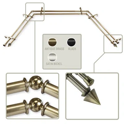 Rod Desyne Adjustable 38" To 72" 0.81" Bay Window Double Curtain Rod In Antique Brass