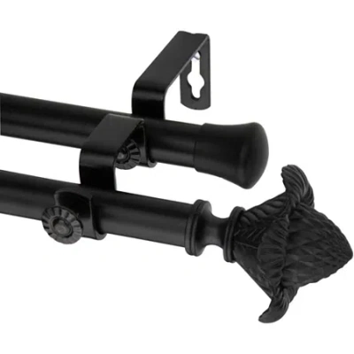 Rod Desyne Double 13/16" Adjustable Curtain Rod With Bloom Finials In Black
