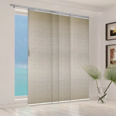 Rod Desyne Iris Semi-sheer Vertical Blind In Satin Nickel,beige