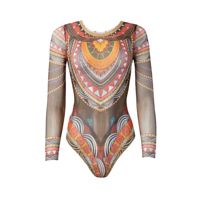 Roda Smartswimwear Women's One-piece Swimsuit With Sleeves Africa In Brown