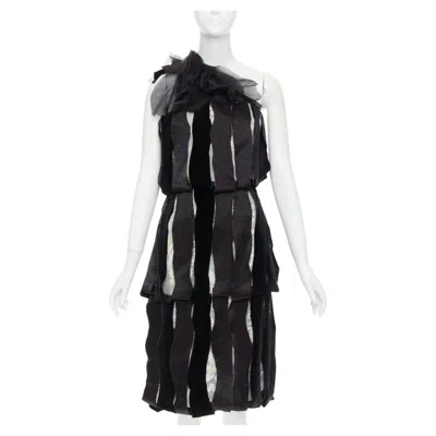 Pre-owned Rodarte 2007 Vintage Velvet Ribbon Lace Layered One Shoulder Midi Dress Uk8 S In Black