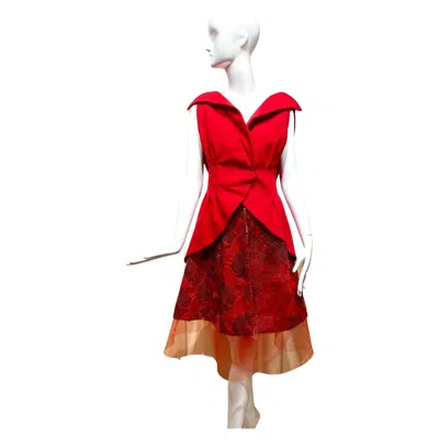 Pre-owned Rodarte 2011 Red Crepe V Neck Top & Sequin Wrap Skirt Set, Size 6