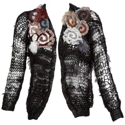 Pre-owned Rodarte 2014 Black Handmade Openknit Wool & Lamè Crochet Flower Sweater