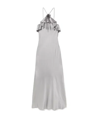 Rodarte Appliquéd Ruffled Silk-satin Halterneck Midi Dress In Gray