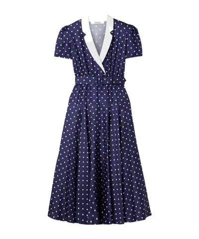 Rodarte Belted Crepe De Chine-trimmed Polka-dot Silk-twill Midi Dress In Blue