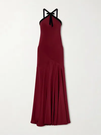 Rodarte Bow-detailed Velvet-trimmed Silk-crepe Gown In Burgundy