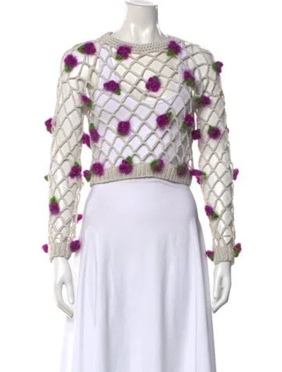 Pre-owned Rodarte Crochet Floral Print Sweater In White