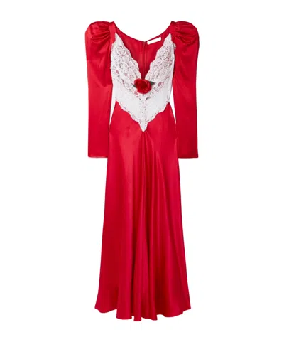 Rodarte Embellished Lace-paneled Silk-satin Maxi Dress In Red