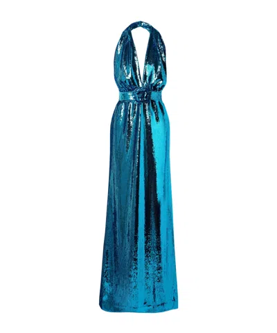 Rodarte Embellished Sequinned Tulle Halterneck Gown In Blue