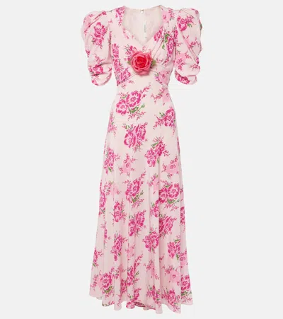 Rodarte Floral-appliqué Puff-sleeve Silk Gown In Pink