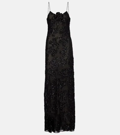 Rodarte Floral Sequin Embroidered Slip Gown With Silk Floral Pin Black