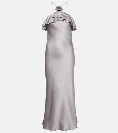 Rodarte Floral-appliqué Silk Charmeuse Slip Dress In Gray