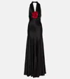 Rodarte Floral-appliqué Silk Satin Maxi Dress In Black
