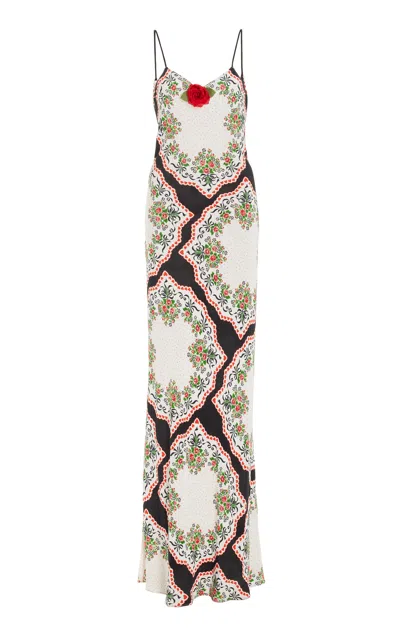 Rodarte Floral-detailed Rose-printed Silk-crepe Slip Gown In Multi
