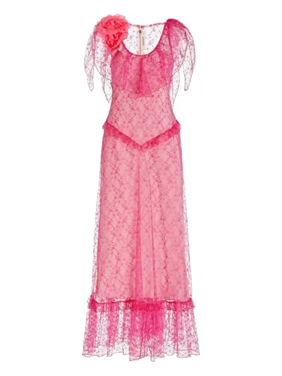 Rodarte Floral Lace Ruffled Dress In Pink