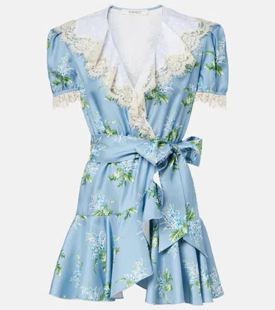 Rodarte Ruffled Lace-trimmed Floral-print Silk-twill Mini Dress In Blue