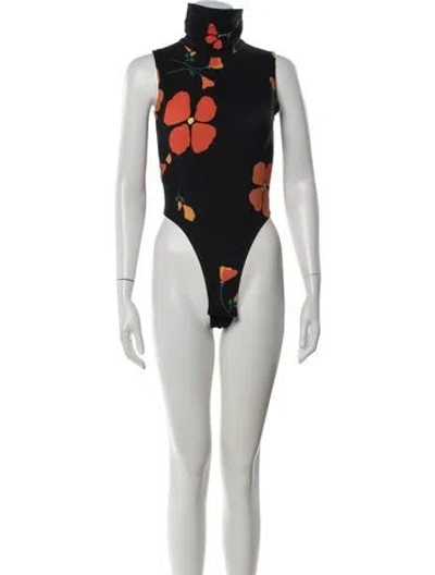 Pre-owned Rodarte Floral Print Turtleneck Bodysuit In Black