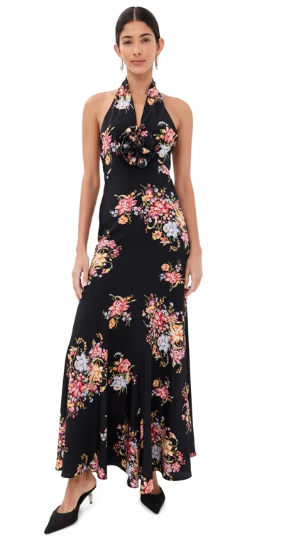Rodarte Floral Silk Halter Dress With Silk Flower Black In Multi