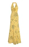 Rodarte Floral Silk Halter Midi Dress In Yellow