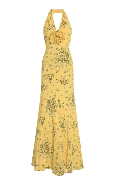 Rodarte Floral Silk Halter Midi Dress In Yellow