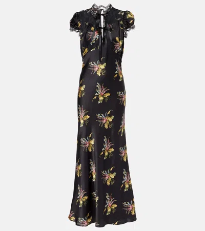 Rodarte Floral Silk Satin Maxi Dress In Black