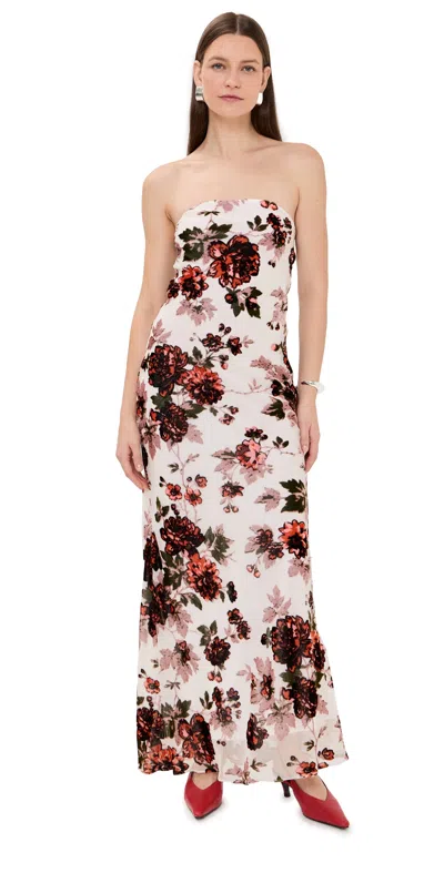 RODARTE FLORAL VELVET DEVORÉ STRAPLESS GOWN WHITE