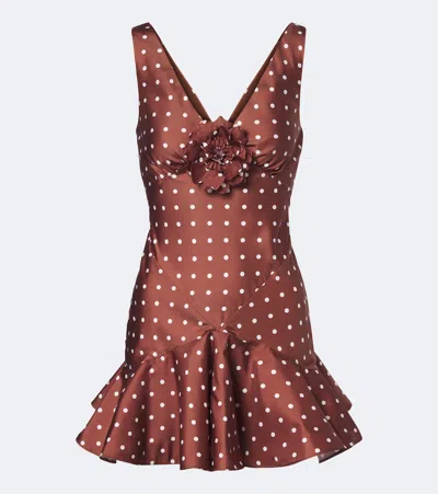 Rodarte Floral-embellished Polka-dot Silk-twill Midi Dress In Brown