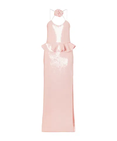 Rodarte Floral-appliquéd Ruffled Sequined Mesh Halterneck Gown In Pink