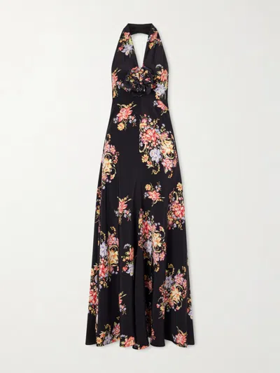 Rodarte Floral-print Silk-crepe Halterneck Gown In Black