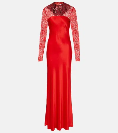 Rodarte Lace-trimmed Silk-blend Satin Gown In Red