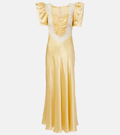 Rodarte Lace-trimmed Ruched Silk Satin Maxi Dress In Yellow