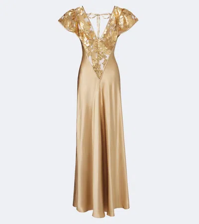 Rodarte Lace-trimmed Sequined Silk Satin Gown In Gold