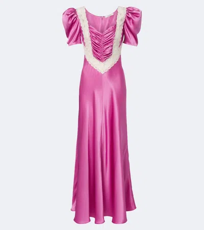 Rodarte Ruched Embroidered Lace-trimmed Silk-twill Maxi Dress In Pink