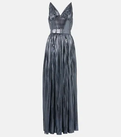 Rodarte Pleated Belted Lamé Gown In Blue