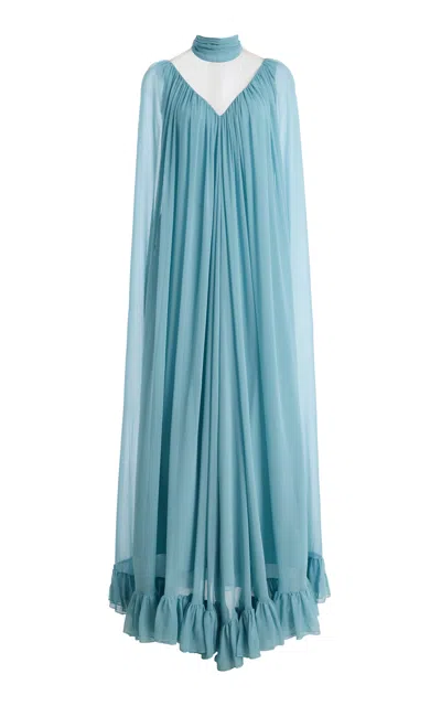 Rodarte Pleated Cape Chiffon Gown In Blue