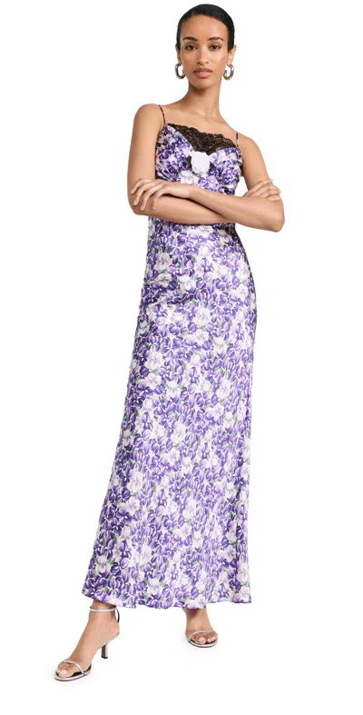 Rodarte Purple Iris Printed Silk Satin Bias Dress With Ruched Bust And Black Lace Detail Purple