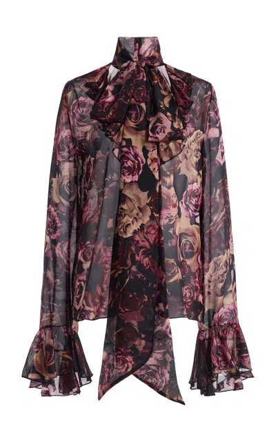 Rodarte Rose Ruffled Silk Chiffon Top In Black