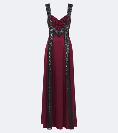 Rodarte Ruched Lace-trimmed Silk Satin Gown In Burgundy